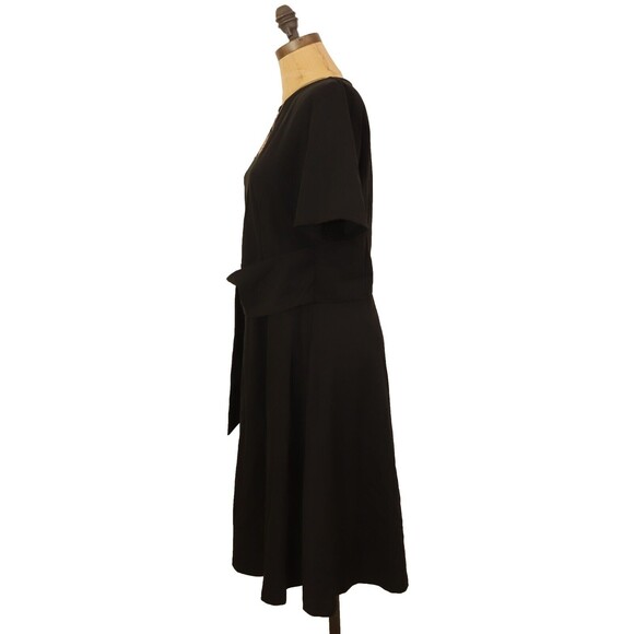 Fenjar Knee Length Flared Dress Size XL Short Sleeve Tie Waist Black NWT B55 - Picture 5 of 5
